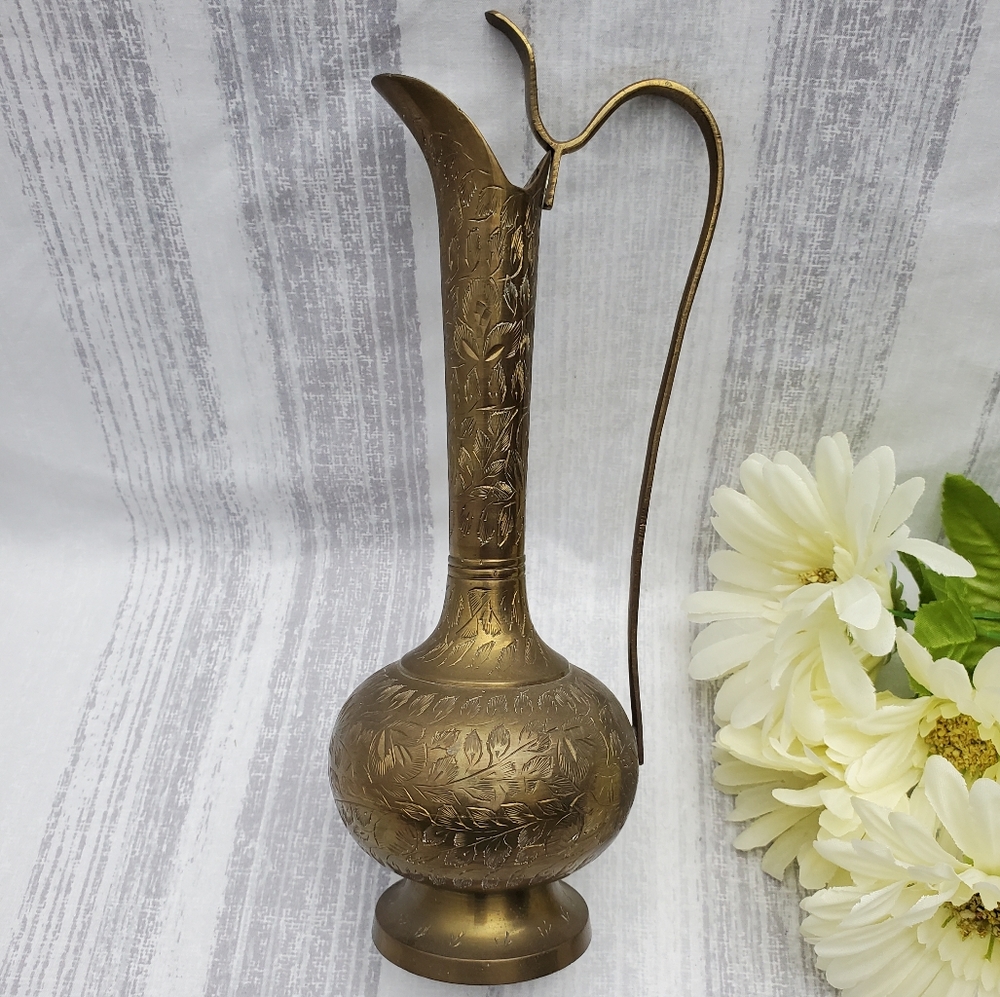 Vintage Engraved Brass Pitcher Cruet Vase